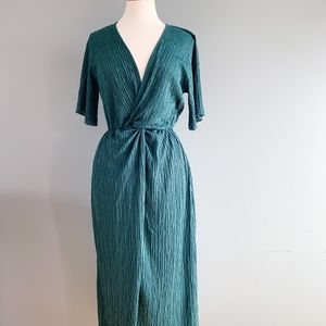 Emerald green crinkle faux wrap dress
